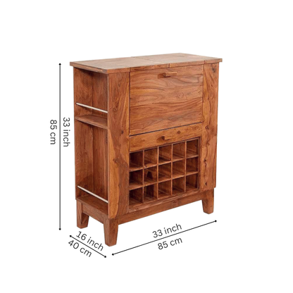 wooden wine cabinet with built-in wine rack, fold-out serving shelf, glass holders and bottle storage in modern living room