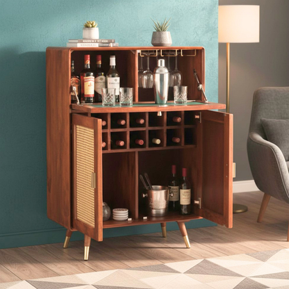 modern wood bar cabinet with wine rack glass holder and storage shelves for home bar setup