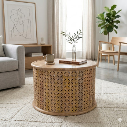 Carved Lattice Wooden Drum Coffee Table
