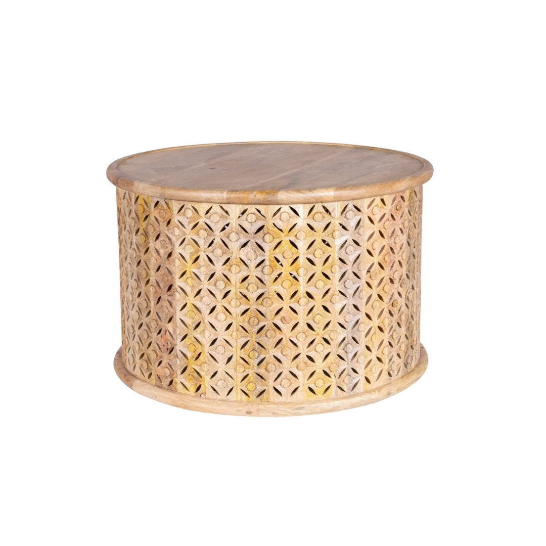 Carved Lattice Wooden Drum Coffee Table