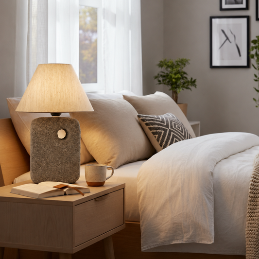 Modern Black Stone Texture Table Lamp with White Shade