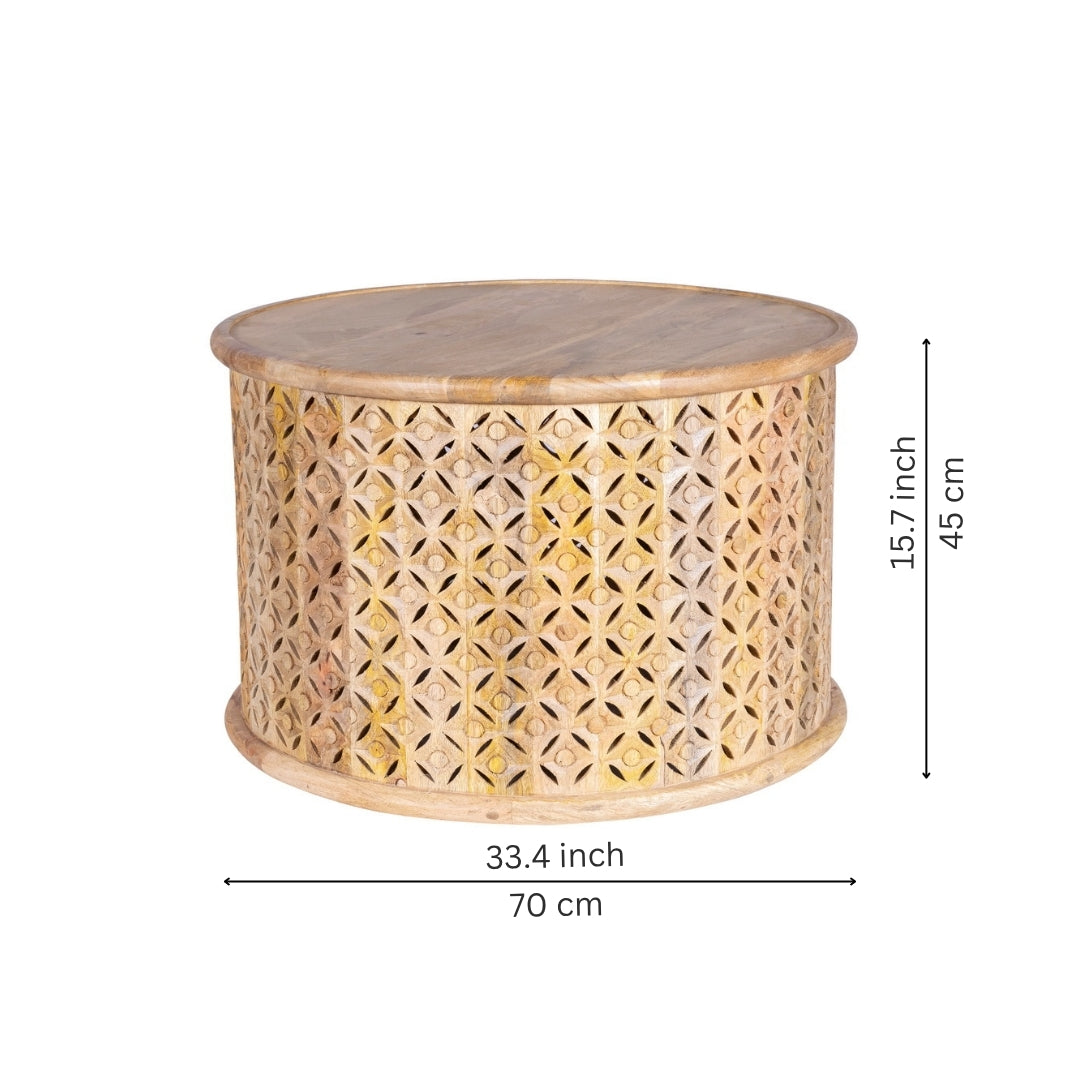 Carved Lattice Wooden Drum Coffee Table