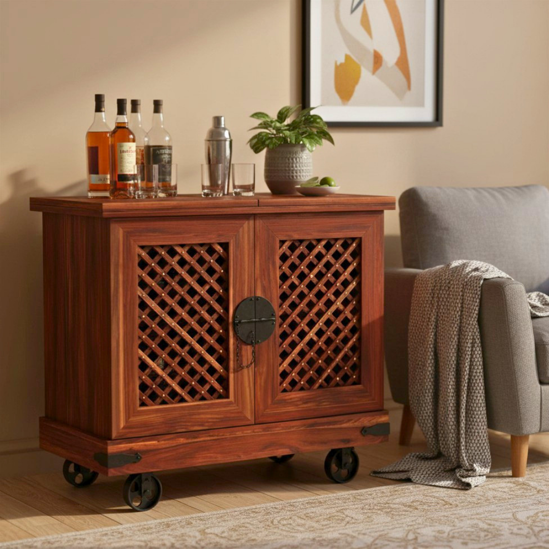 large wood bar cabinet with wine rack glass holder drawers and storage shelves for home bar furniture
