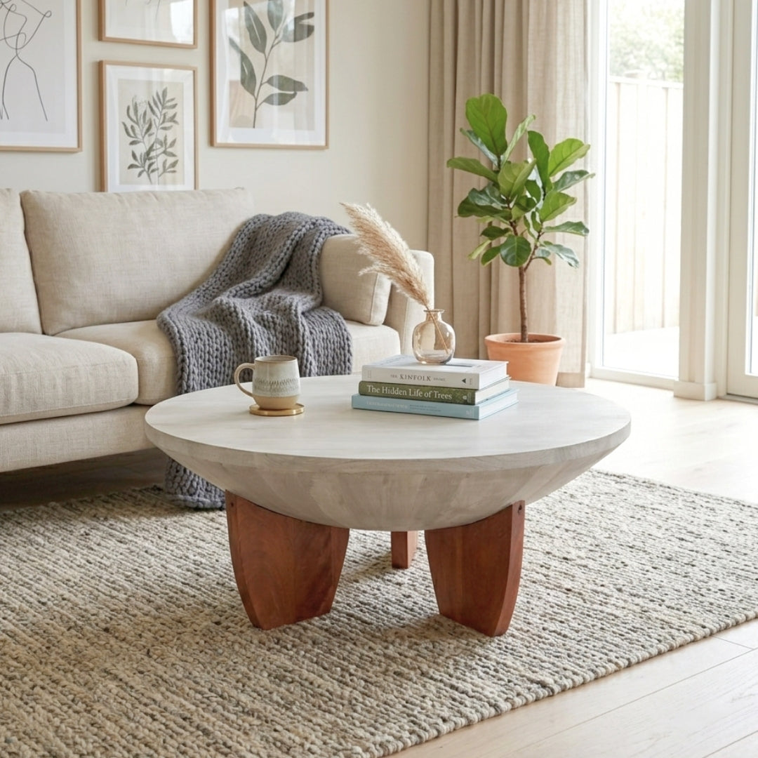 Sculptural Round Coffee Table with Wood Base