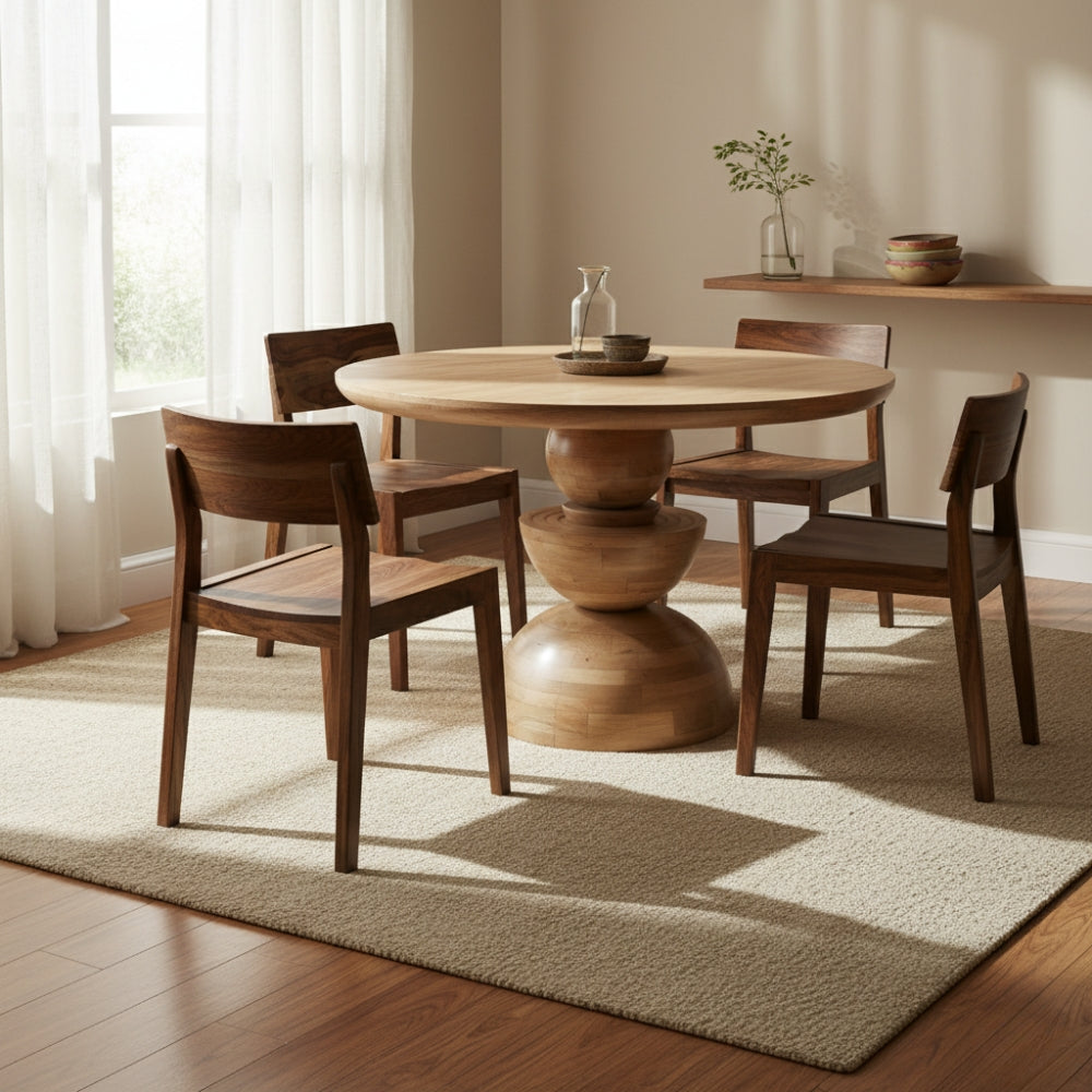 Merlin Mango Wood Round Dining Table With 4 Seater Chair-Dining Table Set