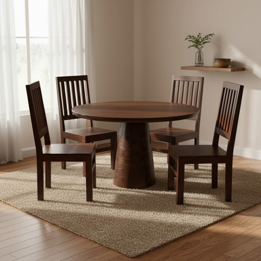 Natural Solid Dark Mango Wood Round Dining Table Withg 4 Seater Chair-Dining Table Set