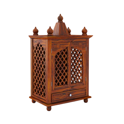 Modern wooden temple for home with carved doors, solid wood finish, storage drawer, and elegant pooja mandir design.