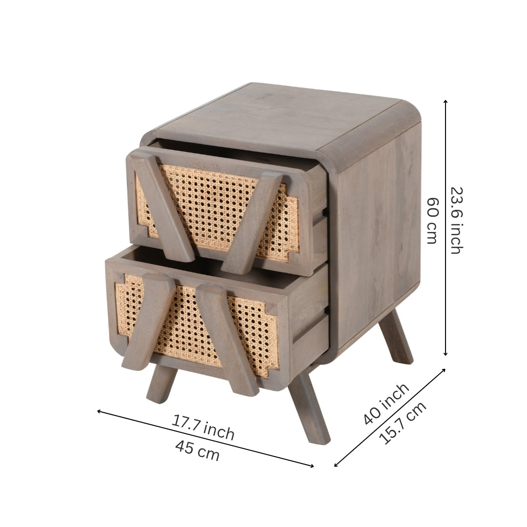 Scandinavian Cane Bedside Table with 2 Drawers – Grey Finish