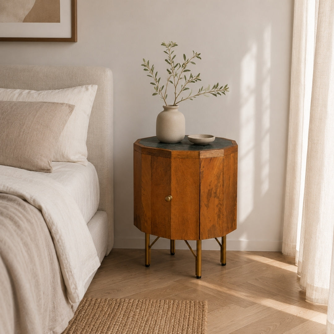 Mid-Century Modern Wooden Bedside Table with Brass Legs