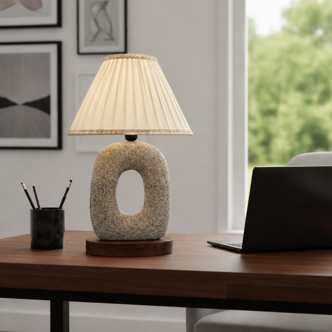 Organic Stone Pebble Table Lamp with Wood Base
