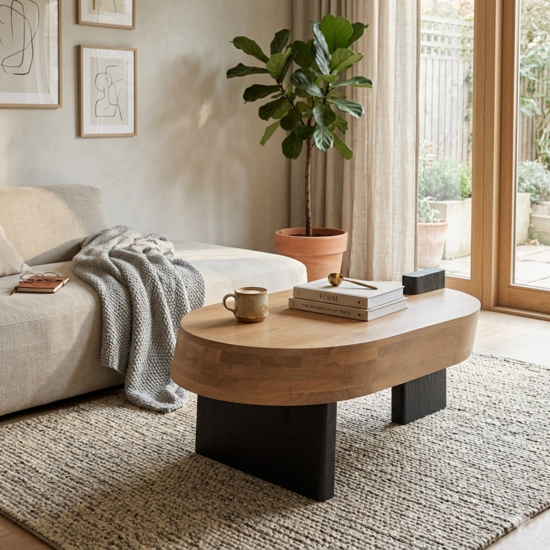 Sculptural Oval Wooden Coffee Table with Black Legs