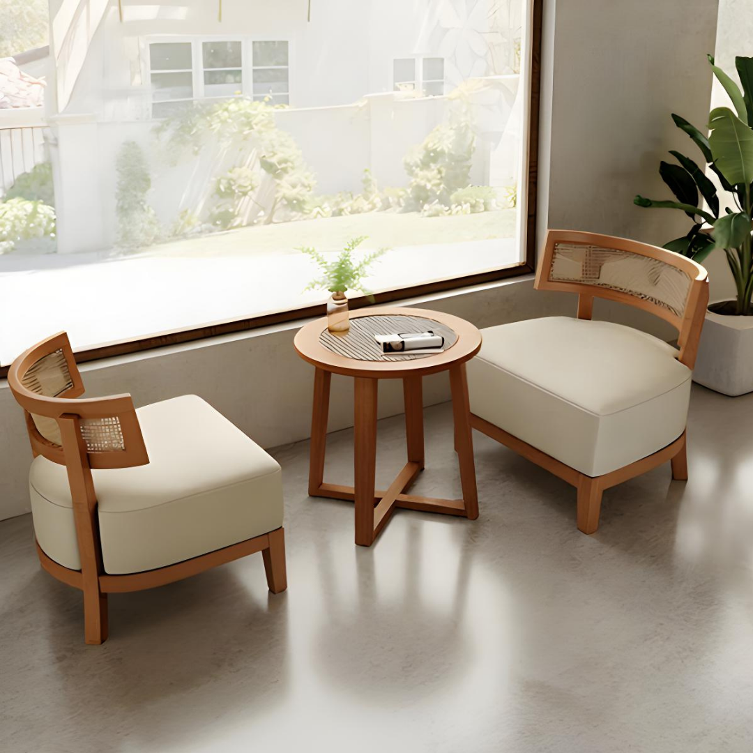 Round Wood & Rattan Side Table
