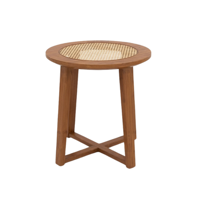 Round Wood & Rattan Side Table