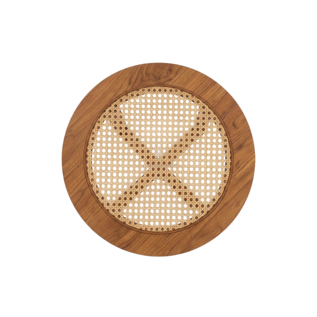 Round Wood & Rattan Side Table