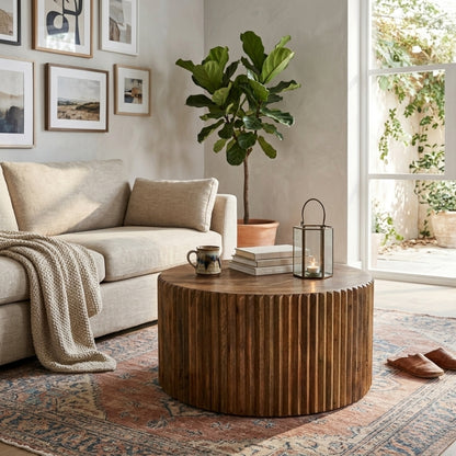 Fluted Wooden Drum Coffee Table
