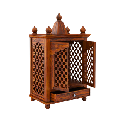 Modern wooden temple for home with carved doors, solid wood finish, storage drawer, and elegant pooja mandir design.