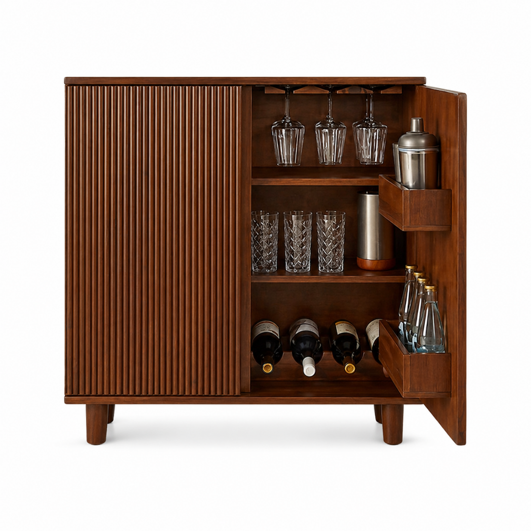 large wooden bar cabinet with glass holder shelves and wine storage for modern home bar setup