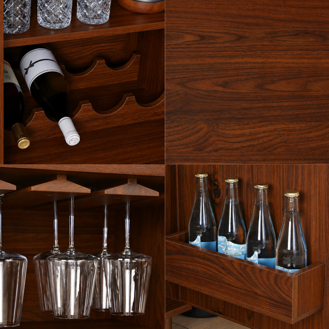 large wooden bar cabinet with glass holder shelves and wine storage for modern home bar setup