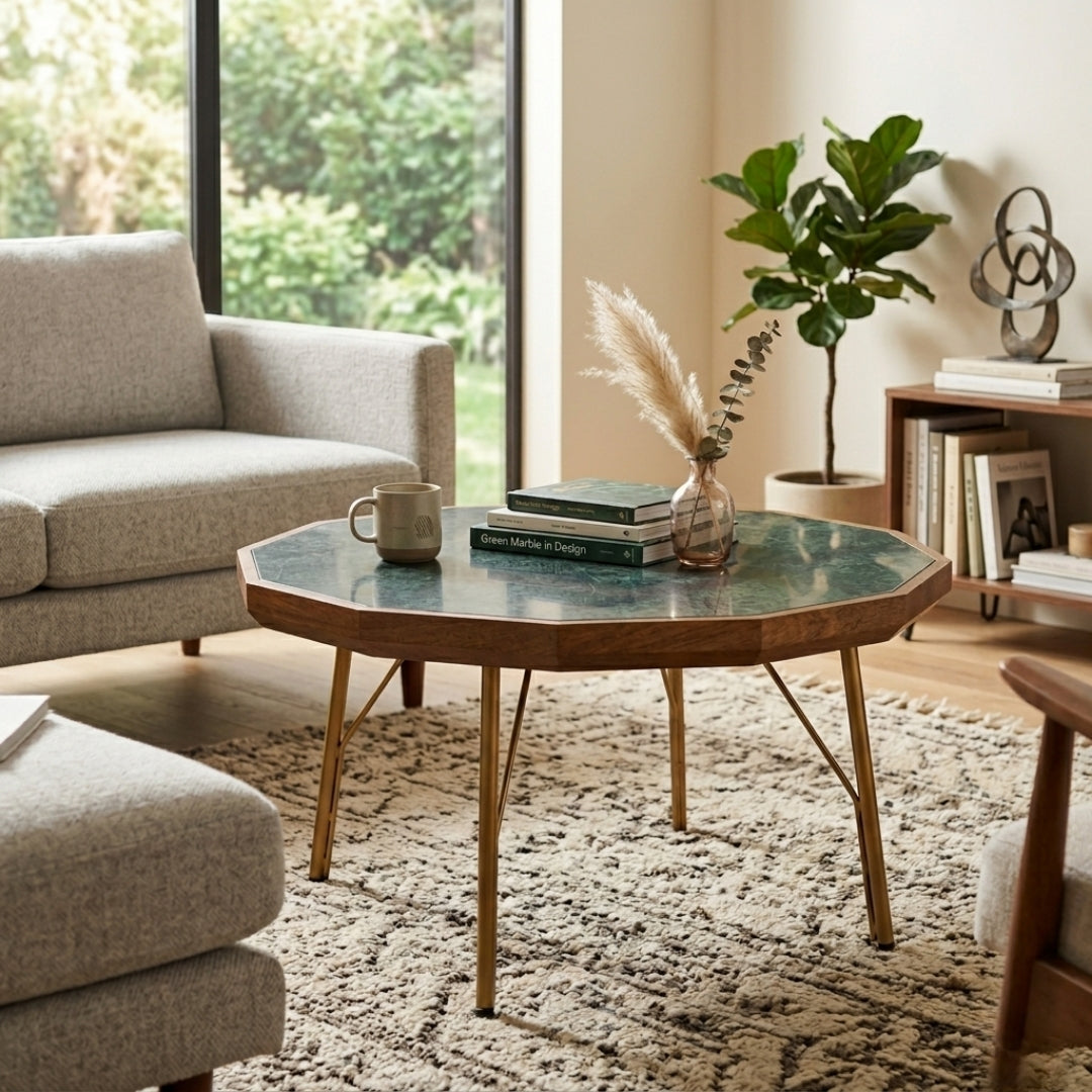 Octagonal Green granite and Wood Coffee Table