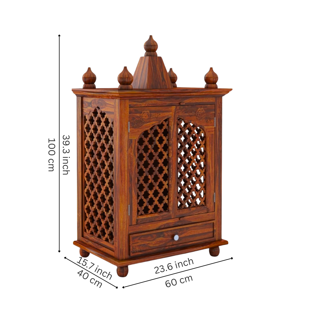 Modern wooden temple for home with carved doors, solid wood finish, storage drawer, and elegant pooja mandir design.