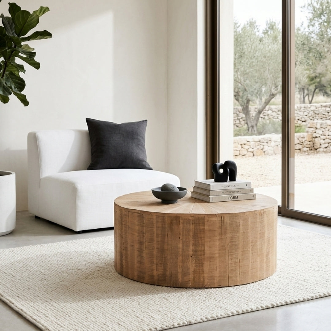 Rustic Wooden Drum Coffee Table