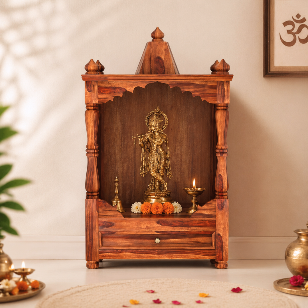 Elegant antique wooden temple with solid wood finish, carved pillars, storage drawer, and traditional home mandir design.