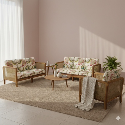 Cane Side Panes Wooden Sofa Set in 3+2+1 Seating
