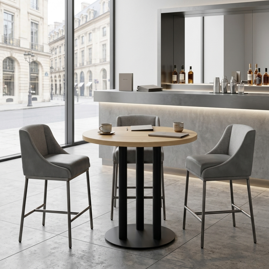 Modern Round Ash Café Table with Triple Pillar Base