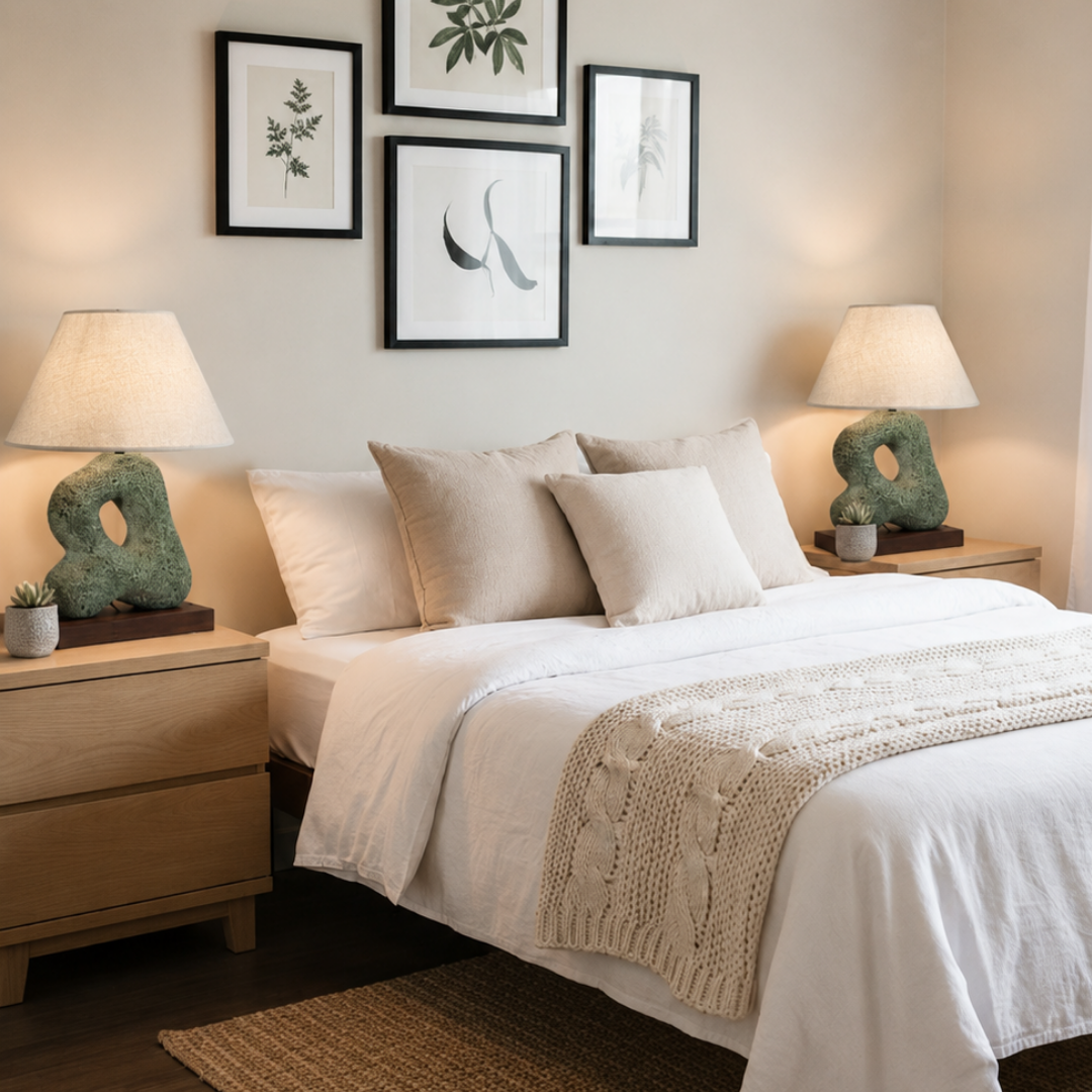 Abstract Sculptural Stone Table Lamp with Wood Base