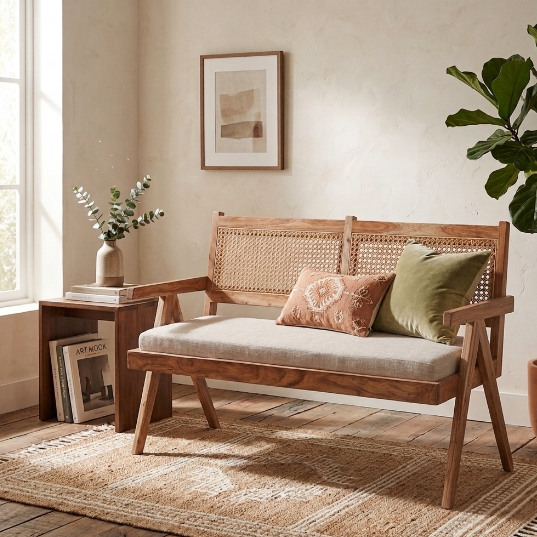 Malabar Solid Wood & Rattan 2-Seater Sofa`