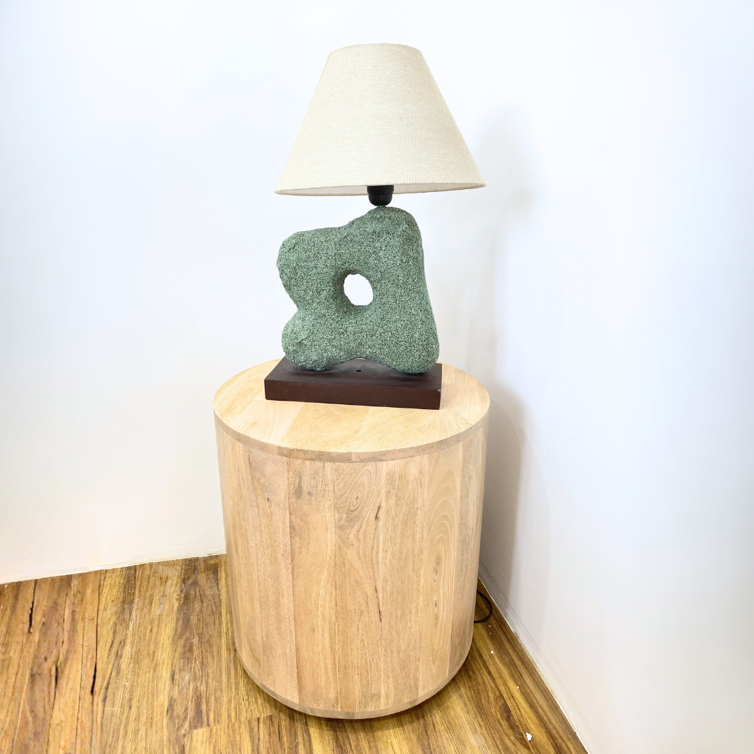 Abstract Sculptural Stone Table Lamp with Wood Base