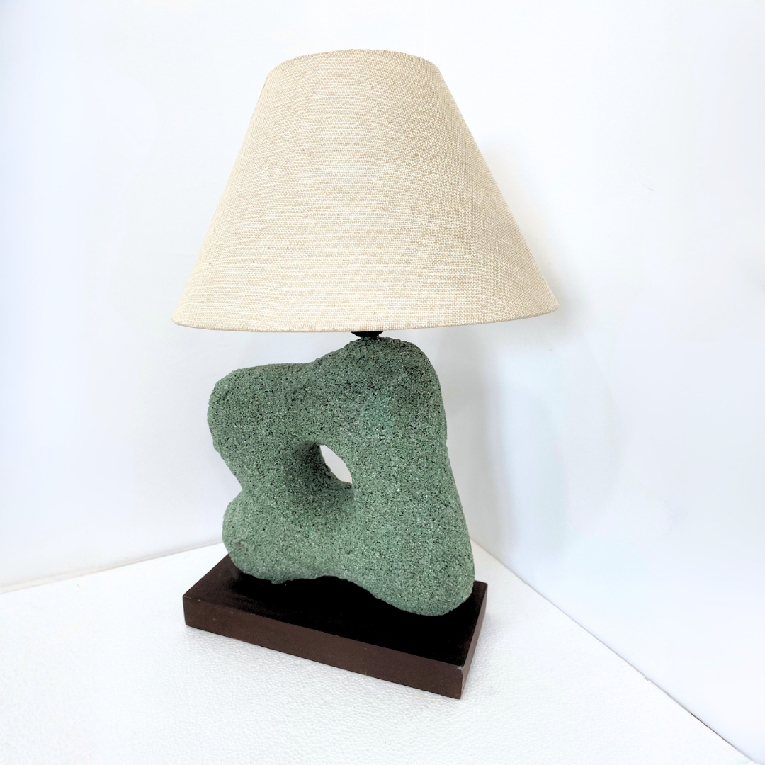 Abstract Sculptural Stone Table Lamp with Wood Base