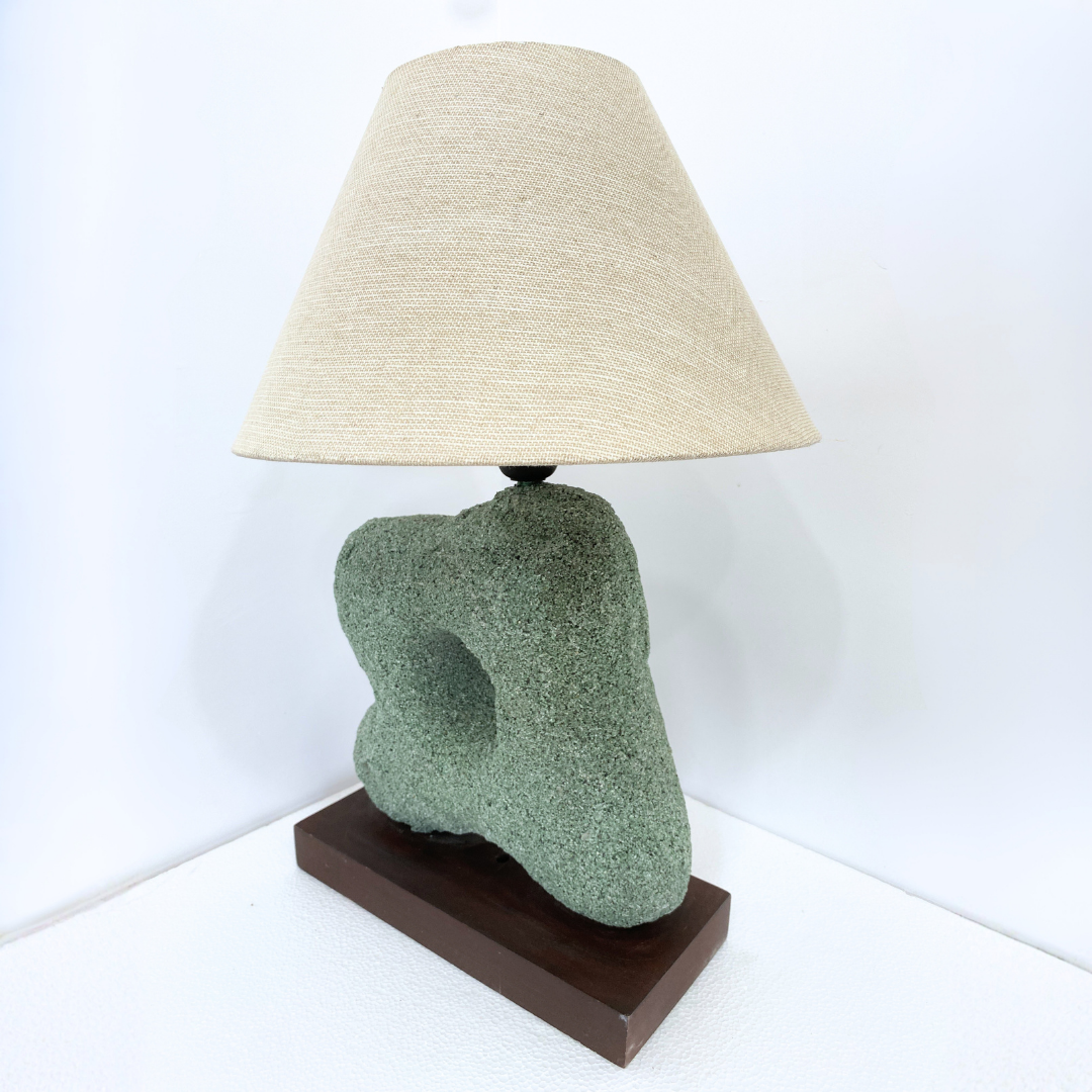 Abstract Sculptural Stone Table Lamp with Wood Base
