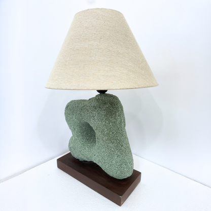 Abstract Sculptural Stone Table Lamp with Wood Base