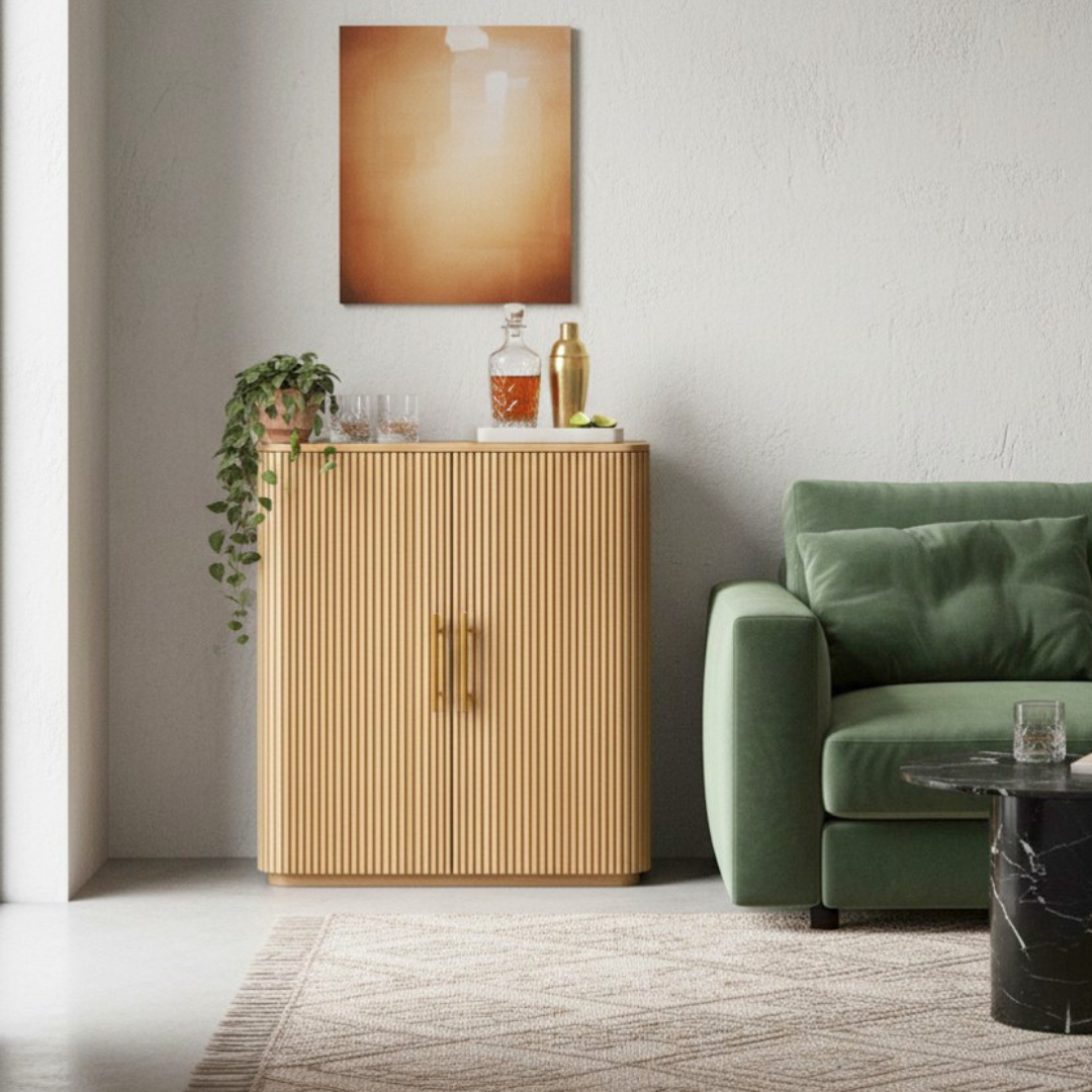 Modern wooden bar cabinet with double doors, bottle storage, wine glass holder, shelves, and home bar storage design.