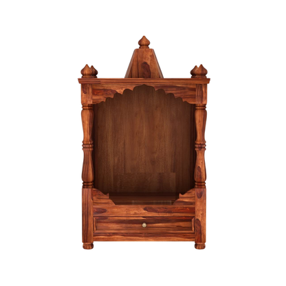 Elegant antique wooden temple with solid wood finish, carved pillars, storage drawer, and traditional home mandir design.