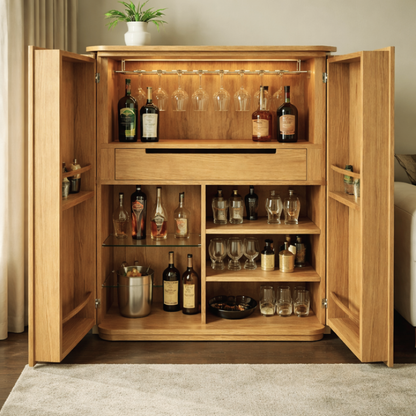 Modern wooden bar cabinet with double doors, bottle storage, wine glass holder, shelves, and home bar storage design.
