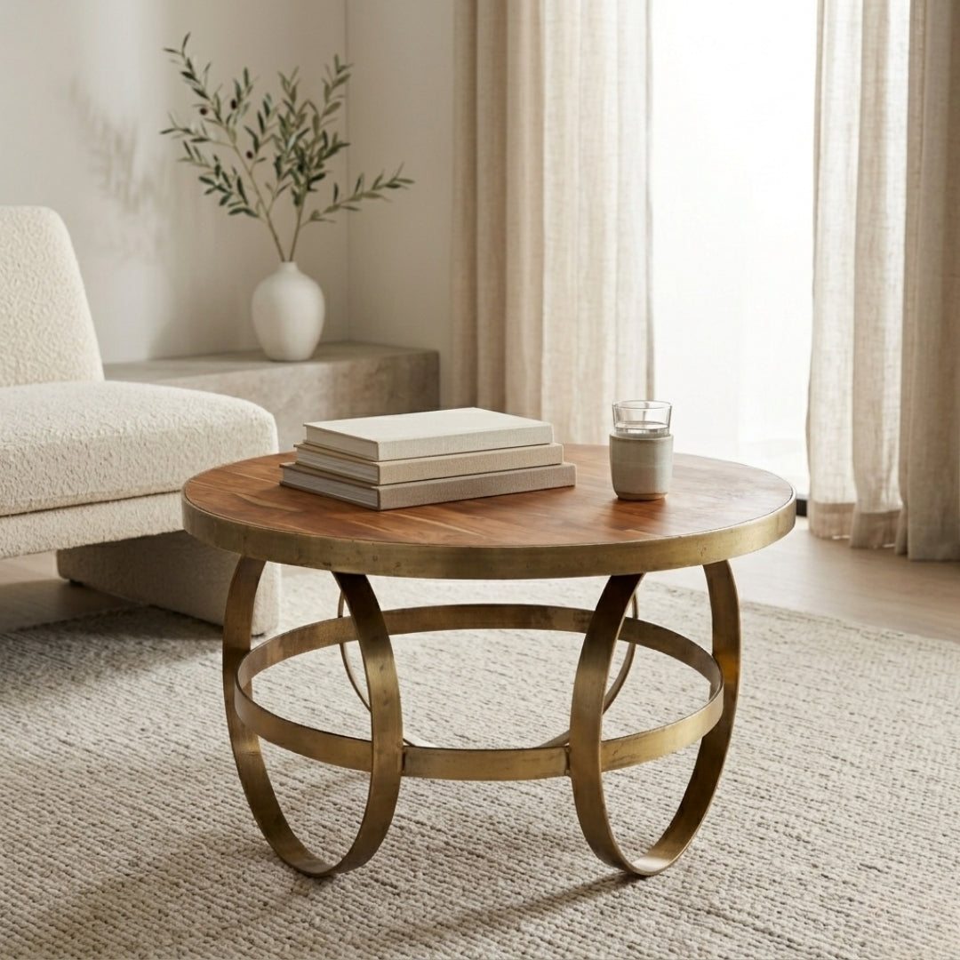Modern Round Wooden Coffee Table with Brass Hoop Base