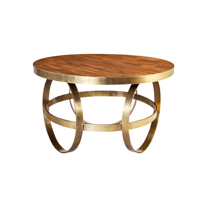 Modern Round Wooden Coffee Table with Brass Hoop Base