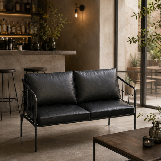 Forge Industrial Black Leather 2-Seater Settee