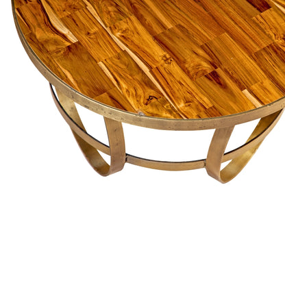 Modern Round Wooden Coffee Table with Brass Hoop Base