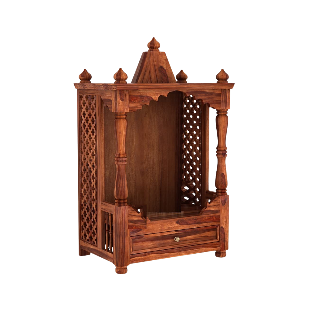Elegant antique wooden temple with solid wood finish, carved pillars, storage drawer, and traditional home mandir design.