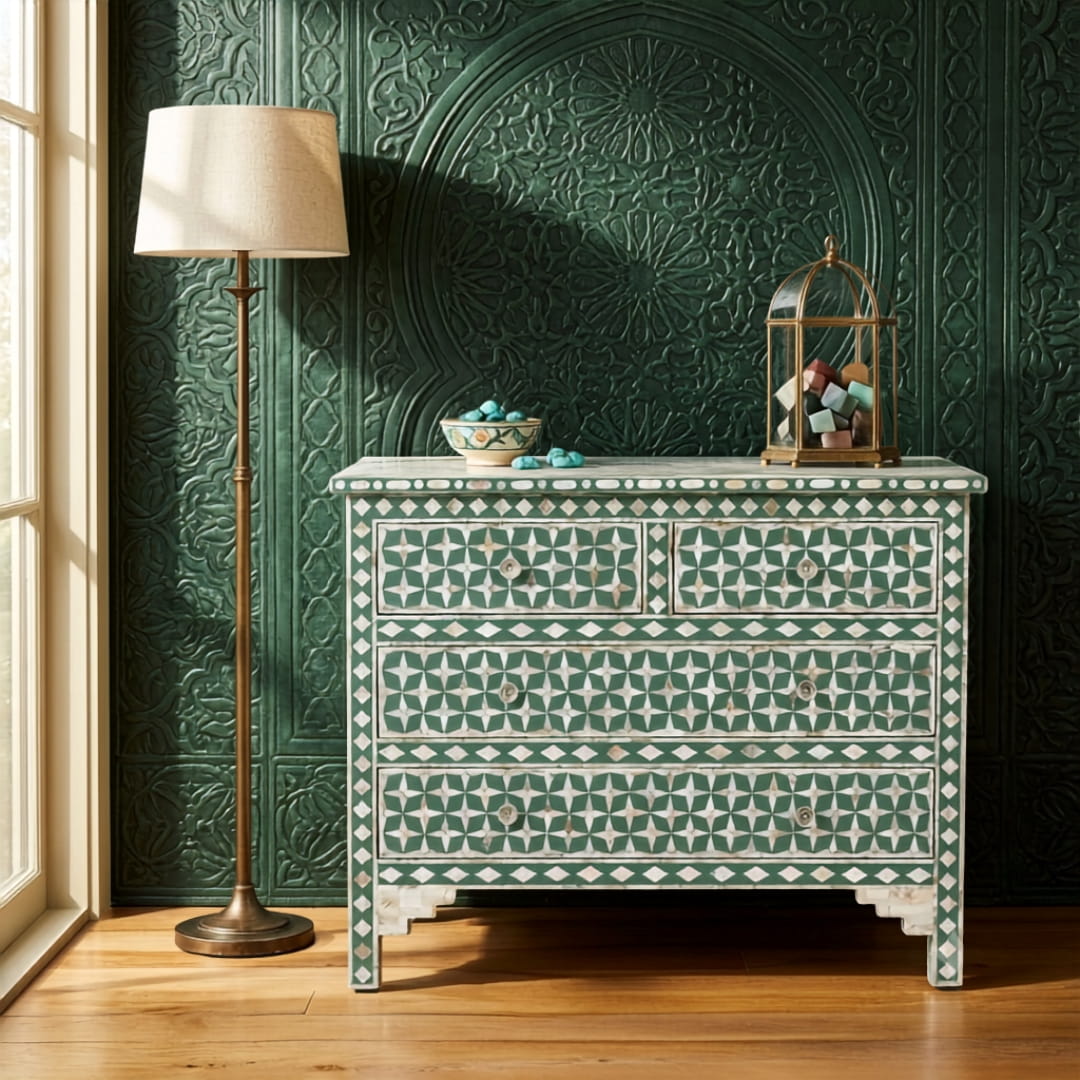 Green bone inlay chest in styled living room