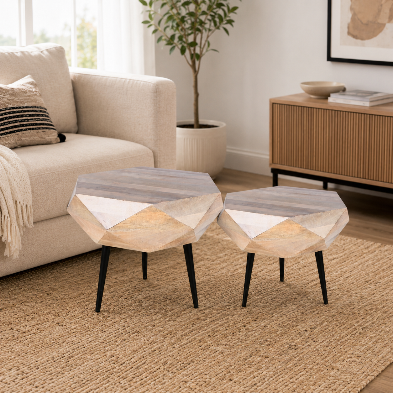 Faceted Geometric Wooden Nesting Table Set
