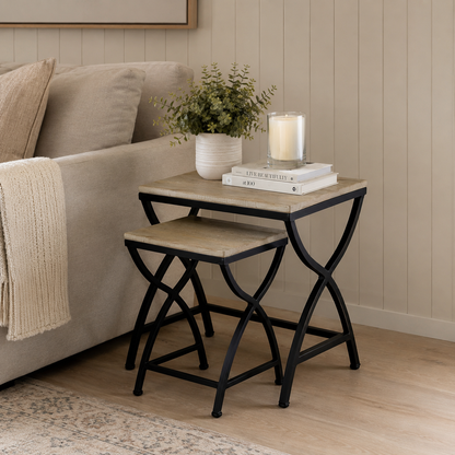 Industrial Metal & Wood Nesting Side Table Set of 2
