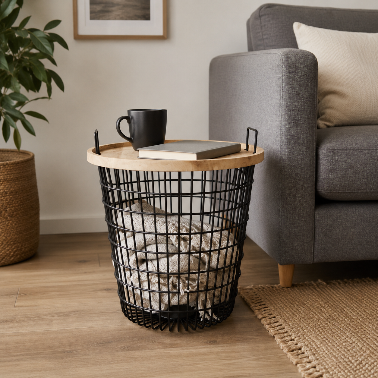 Modern Round Wire Basket Storage Side Table with Wood Tray Top