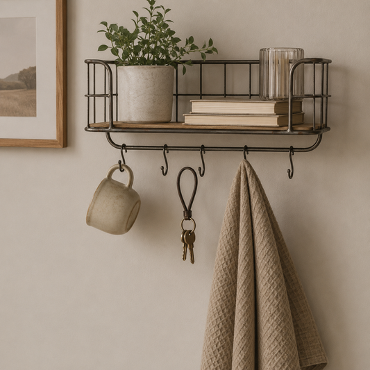 Industrial Wire Wall Basket Shelf with Wooden Base and Hooks