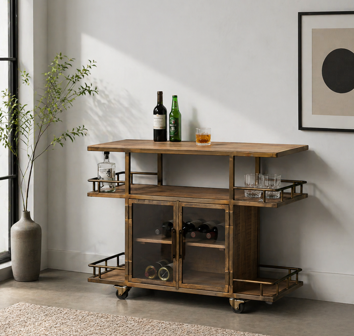 Solid wood bar cart with double door storage