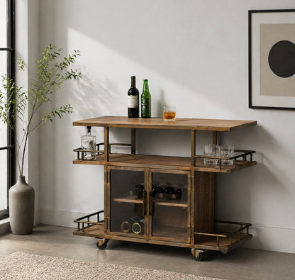 Solid wood bar cart with double door storage