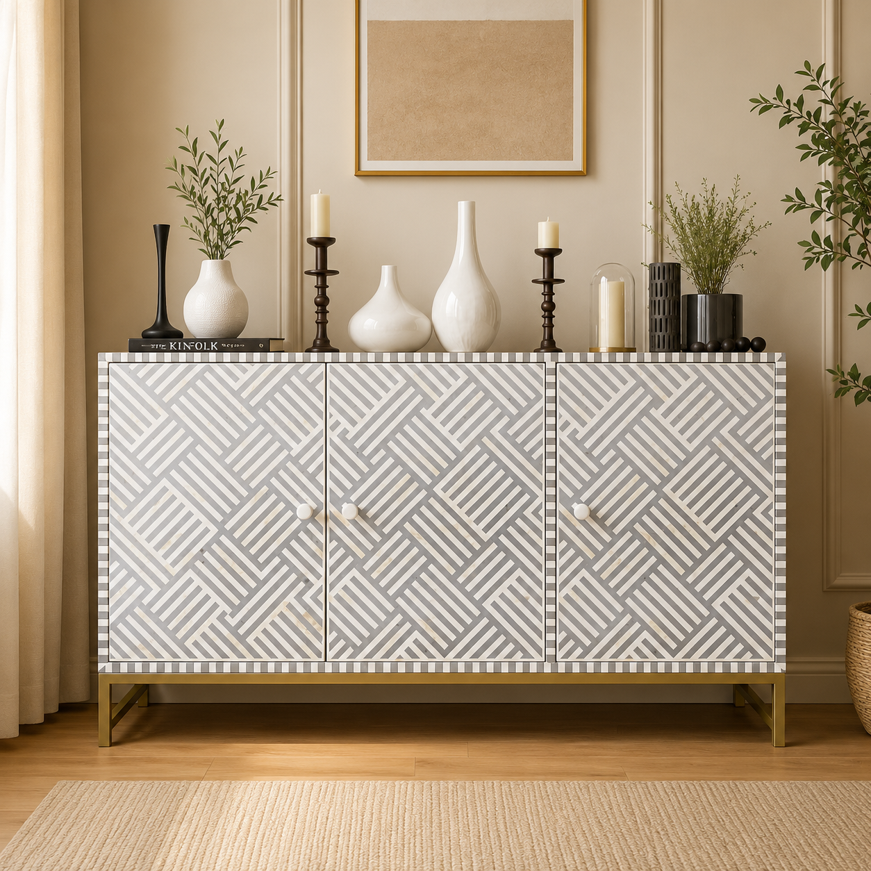 Floral Bone Inlay Light Grey Sideboard